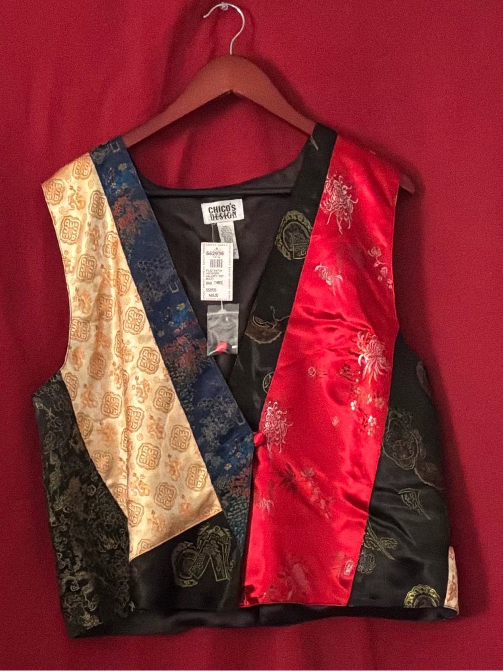 Chico's Multicolor Satin Patchwork Vest - Red, Gold, Blue, Black
